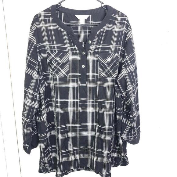 CJ Banks Top Womens 1X Popover Tunic Plaid Flap Pockets Y Collar Quarter Button - Picture 1 of 9